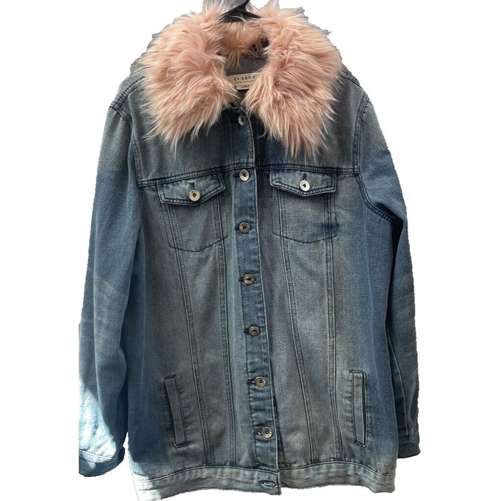 Ci sono Women's Large Blue Jean Jacket trucker Distressed Pink Fur Trim